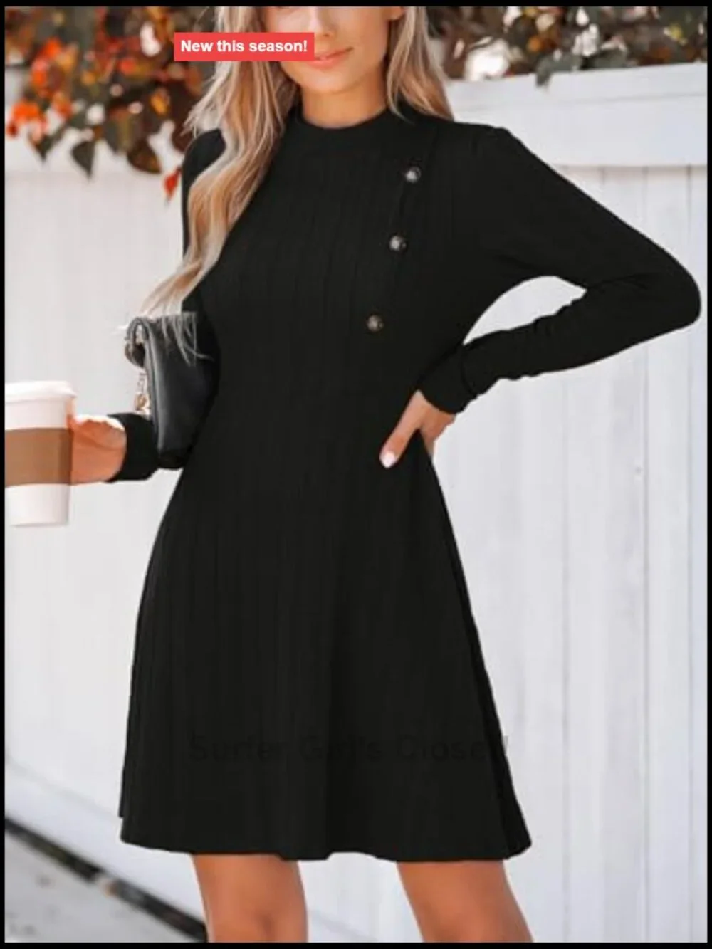 Women's Textured Knit A-Line Mini Dress Long Sleeve Button Detail Fall Casual